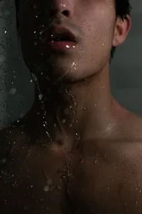 Close-up of a queer man's lips and neck as water falls from his face in the shower.