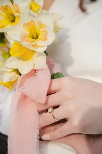 Wedding Ring and Pastel Bridal Bouquet.