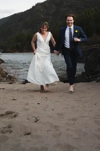 Newlyweds Run Barefoot Beside the River.