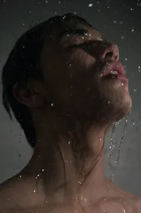 Close-up of a queer man's face in the shower with water dripping down.