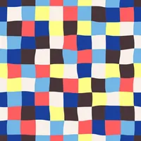 Wavy check pattern in coral, navy, light blue, bright yellow, brown and off white