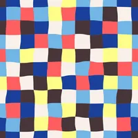 Wavy check pattern in coral, navy, light blue, bright yellow, brown and off white rotated
