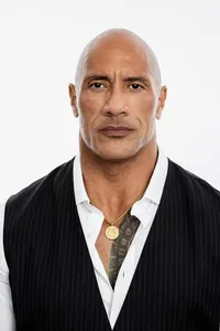 Dwayne Johnson wearing a black pinstripe vest and white shirt