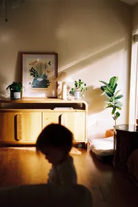 Light beams into a living room with the silhouette of a toddler in the front