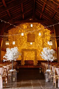Yorkshire wedding venue styling with fairy lights and white floral decor