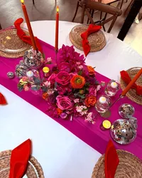 Deighton Lodge wedding styling, bright pink table decor and colourful table centrepiece