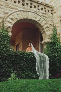 bride at ivy-covered stone archway - Photograph of bride in white gown with flowing veil posed at historic stone archway covered in climbing ivy and greenery