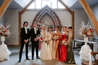 wedding party with colourful wedding styling