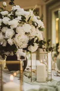 wedding table styling with white roses and candles