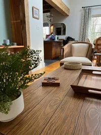 View from the kitchen toward the living room at Brookside Retreat