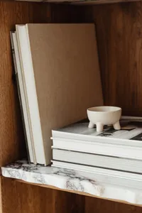 kaboompics_Books on a bookcase - marble shelves