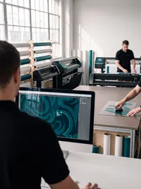 Designer working on artwork at a screen in the studio