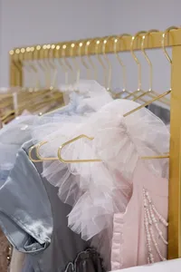 Client wardrobe options hanging on gold hangers at the cottage studio