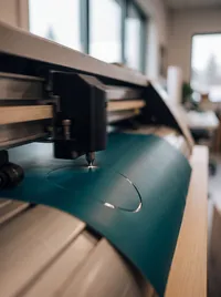 Wide-format printer running a teal print in the workshop