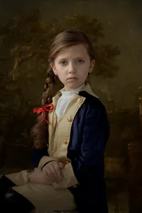 Fine art child portrait styled in period costume against a painterly backdrop