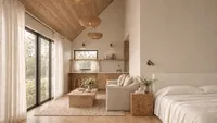 Cottage bedroom with a cleared back counter