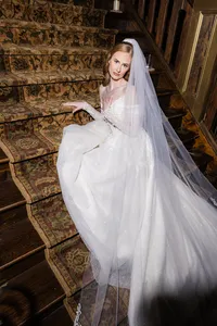 Bride in a sparkling gown and long veil sitting on an ornate carpeted staircase, editorial wedding portrait by Dove and Fox