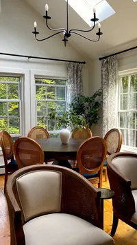 Dining area with large windows and chandelier at Brookside Retreat