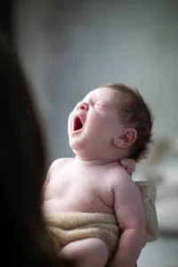 Close-up of a newborn baby crying during a studio portrait session