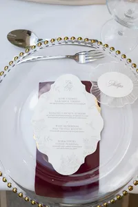 burgundy wedding place card and table setting