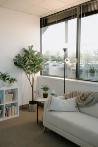 widow angle of an office with cubicle, loveseat, and tall tree