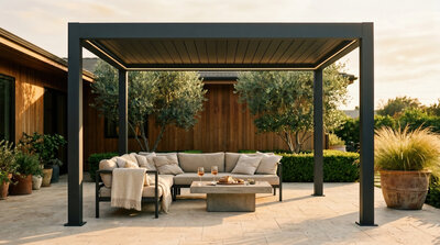 Zen Elite louvered pergola at sunset