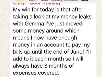 Client message about freeing up three months of expenses after finding her money leaks