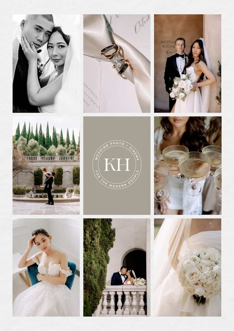 Nine-image grid of Kokhana Weddings photography with the KH circular logo at center