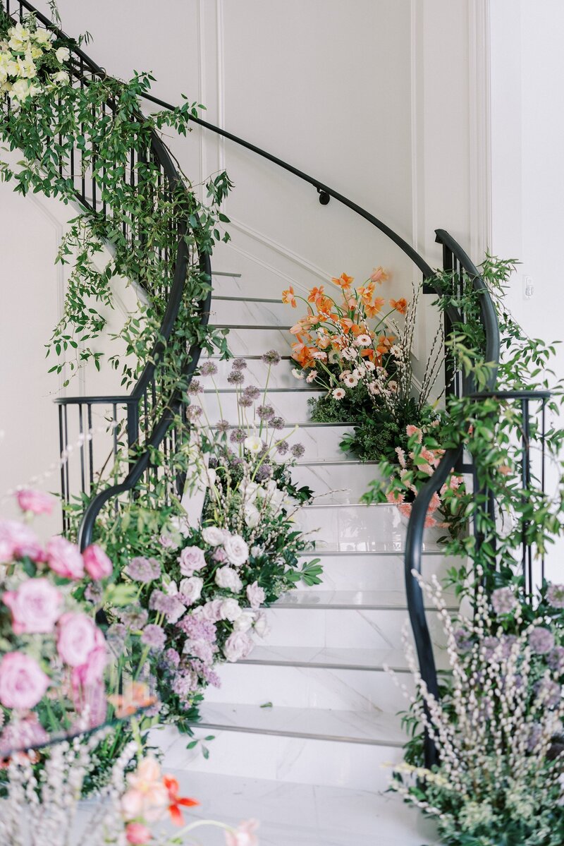 Wedding florals on staircase