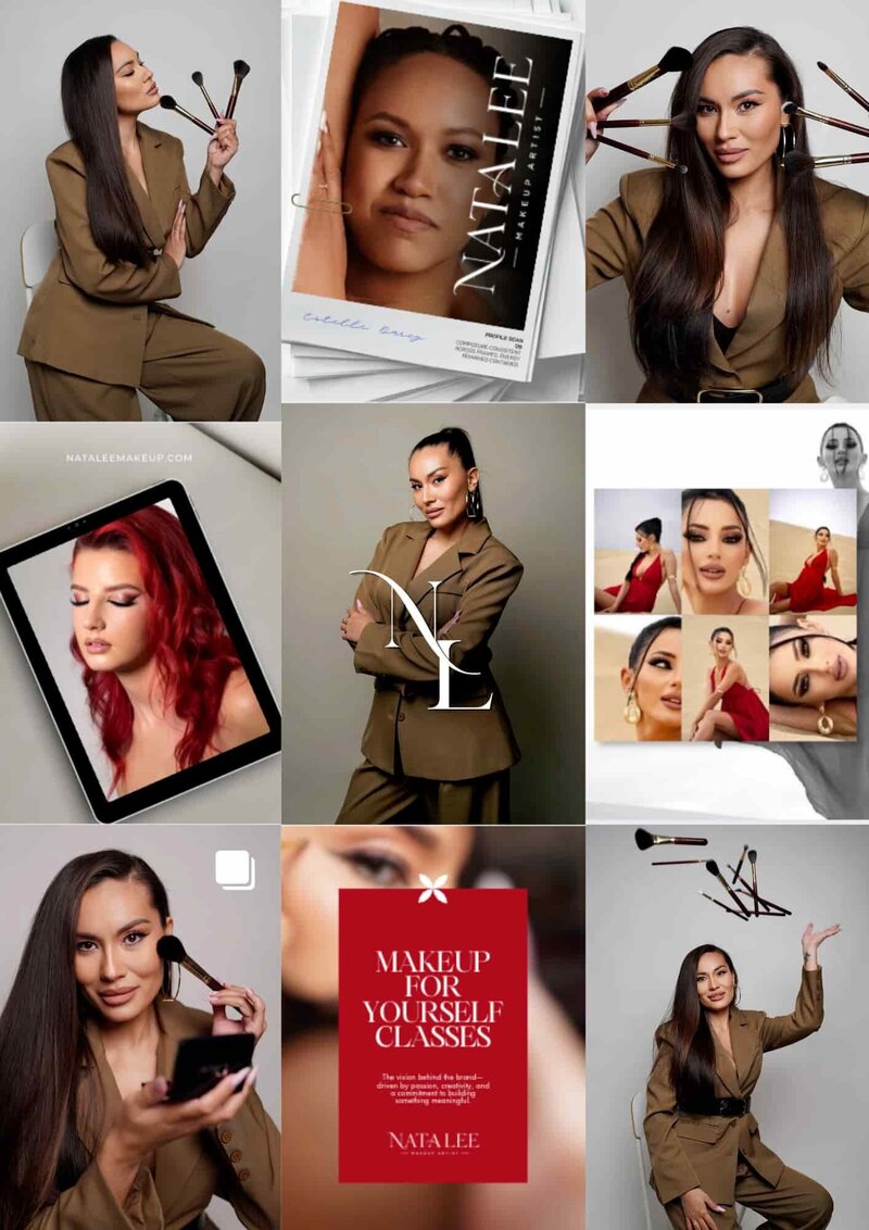Nine-image brand moodboard for Nata Lee Makeup Artist showing photography in olive and neutral tones