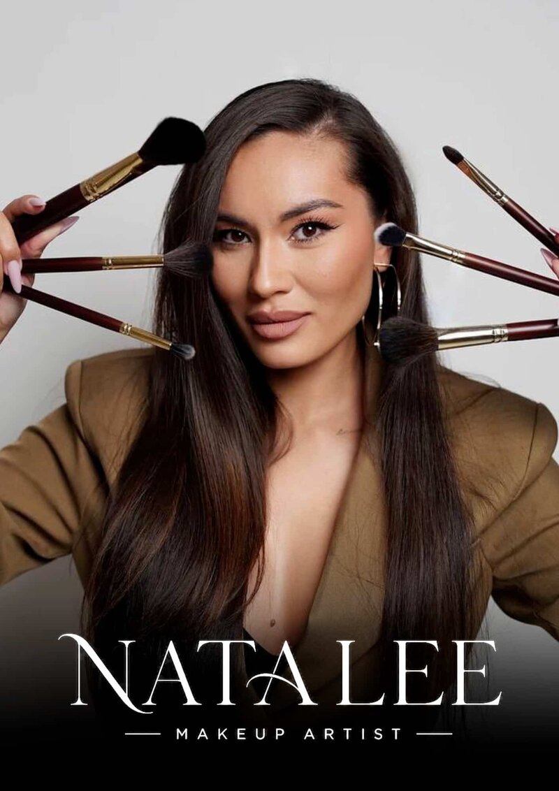 Nata Lee brand headshot with makeup brushes fanned around her face and the Nata Lee logo below