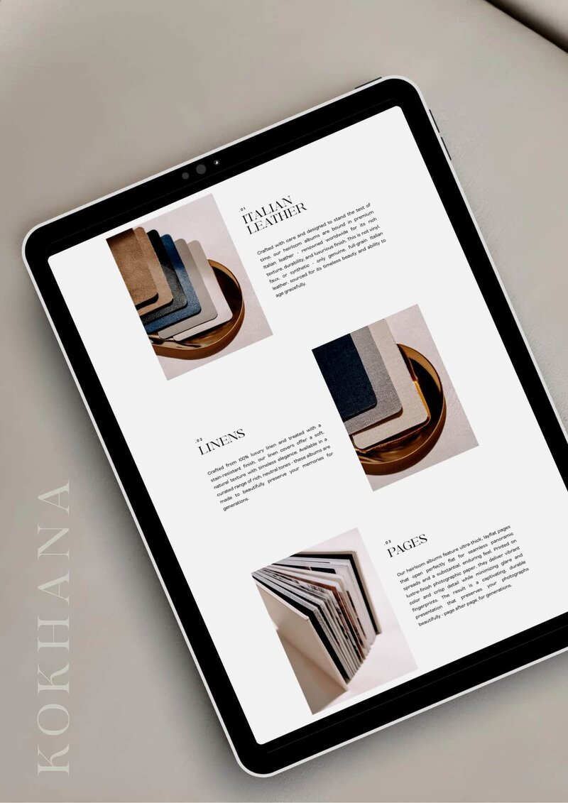 Kokhana Weddings album materials page on an iPad, showing Italian leather, linen, and paper options