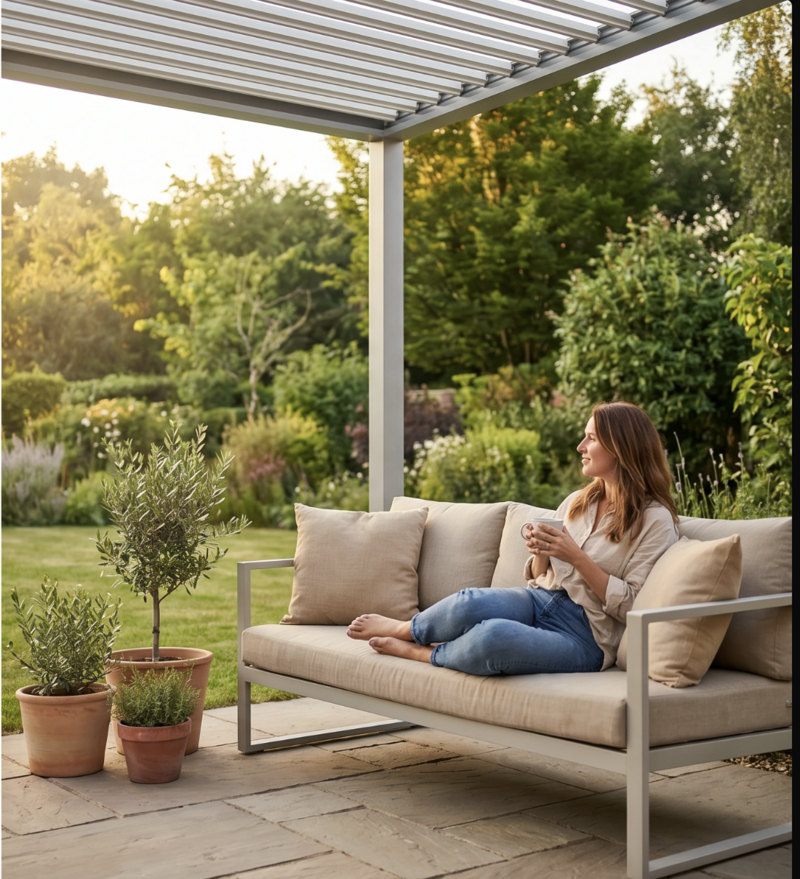 Woman relaxing under a Zen louvered pergola