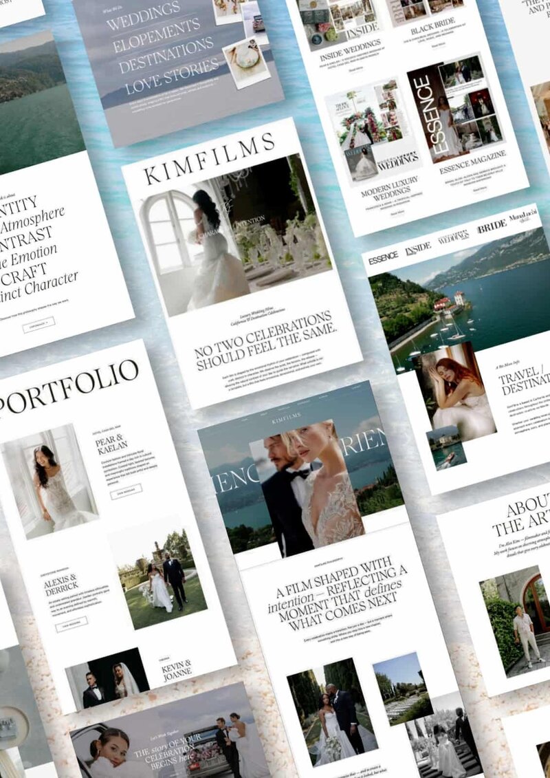 Collage of KimFilms website pages showing the homepage, portfolio, and press features from Essence, Inside Weddings, and Modern Luxury Weddings