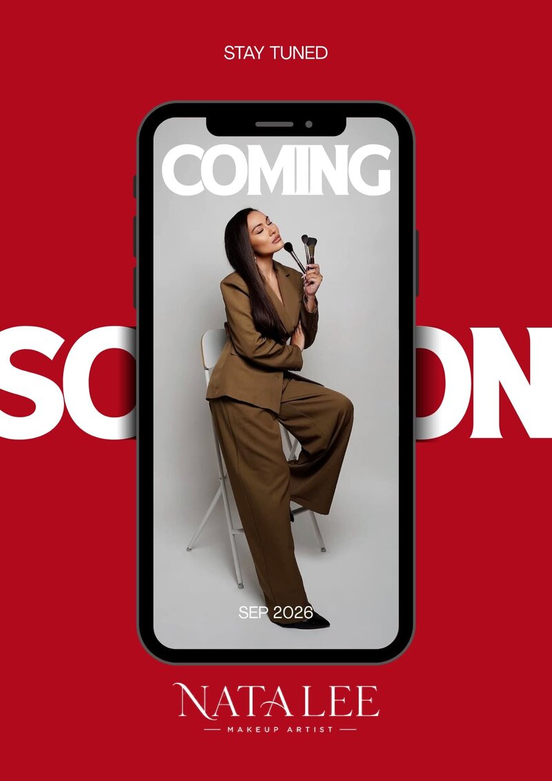 Coming soon announcement for Nata Lee Makeup Artist shown on a phone mockup against a red background, dated September 2026