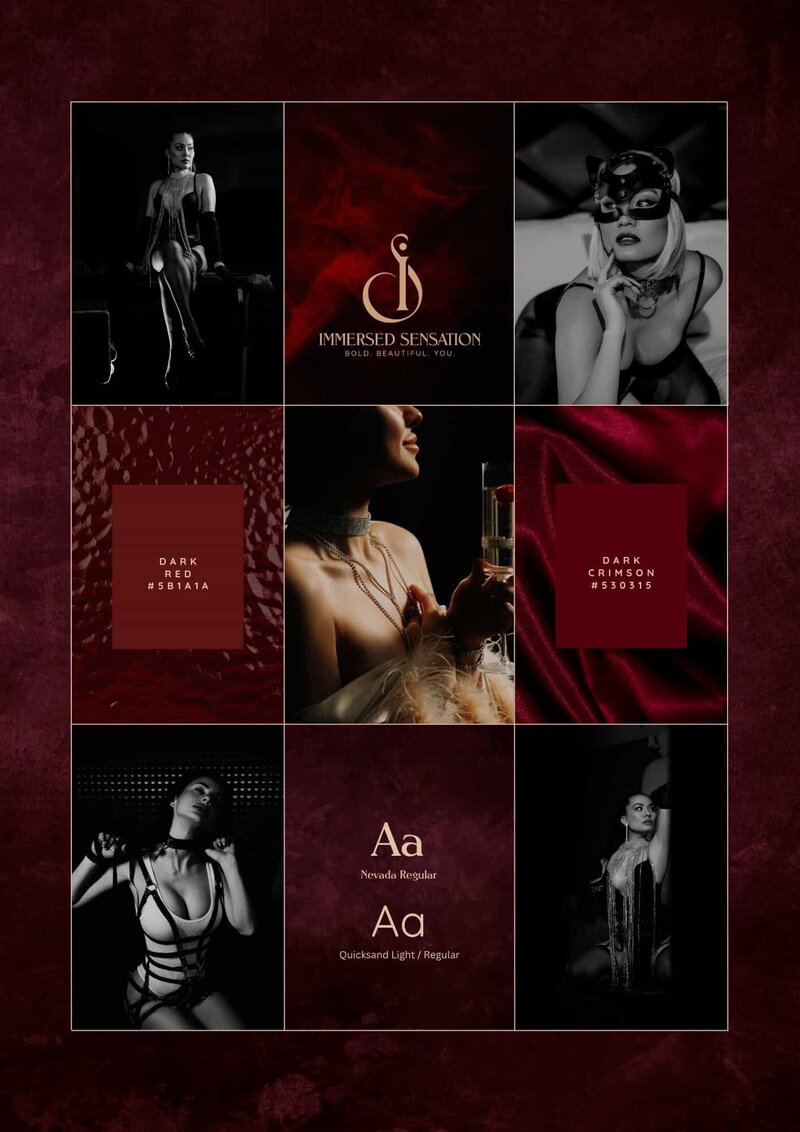 Brand moodboard for Immersed Sensation with dark red and crimson color swatches, typeface samples, and editorial portraits
