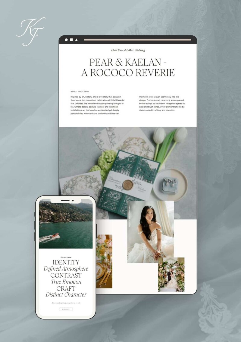 KimFilms wedding film website shown on a laptop and phone against pale blue fabric