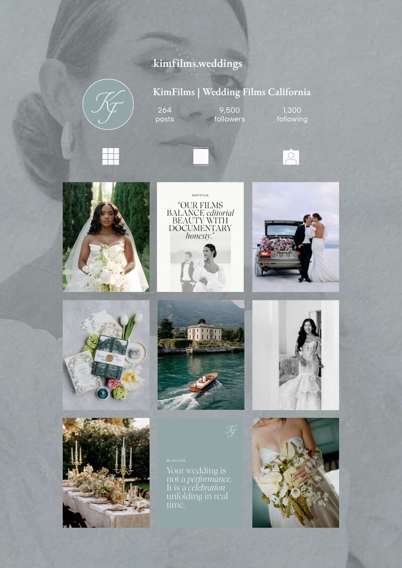Instagram profile mockup for KimFilms wedding films showing a nine-post grid of wedding photography