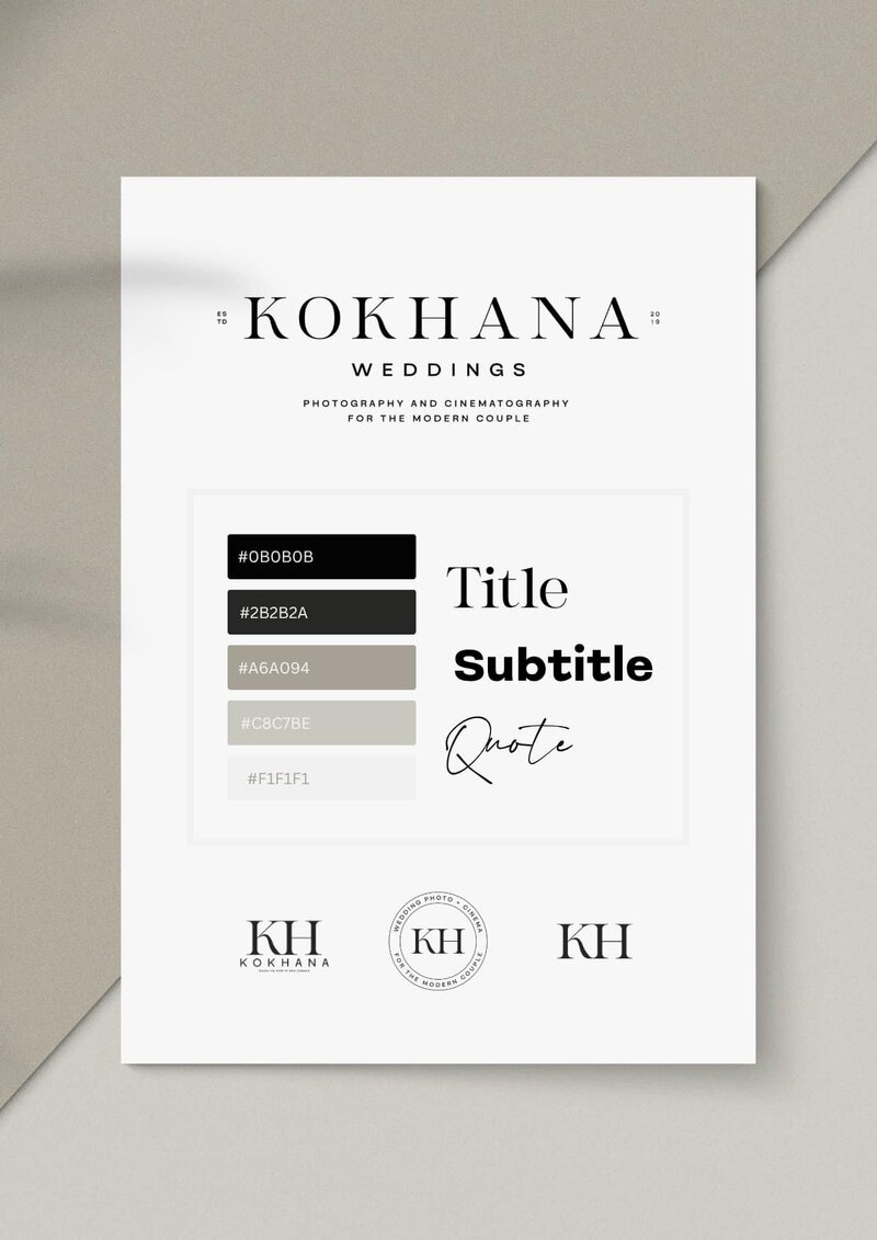 Printed Kokhana Weddings brand guide showing color palette, typography, and logo variations on a kraft envelope
