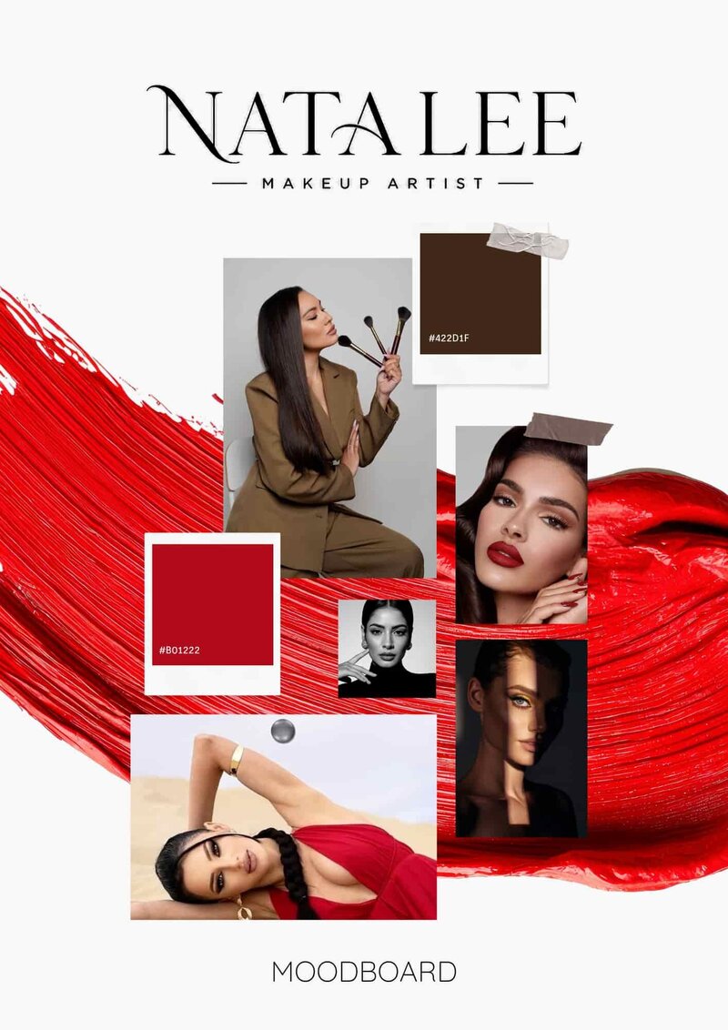Nata Lee moodboard with a red paint swipe, brown and crimson color swatches, and beauty photography