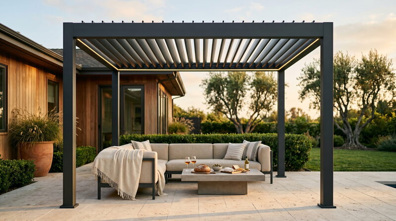 Sofa and table under a Zen Patio Solutions louvered pergola