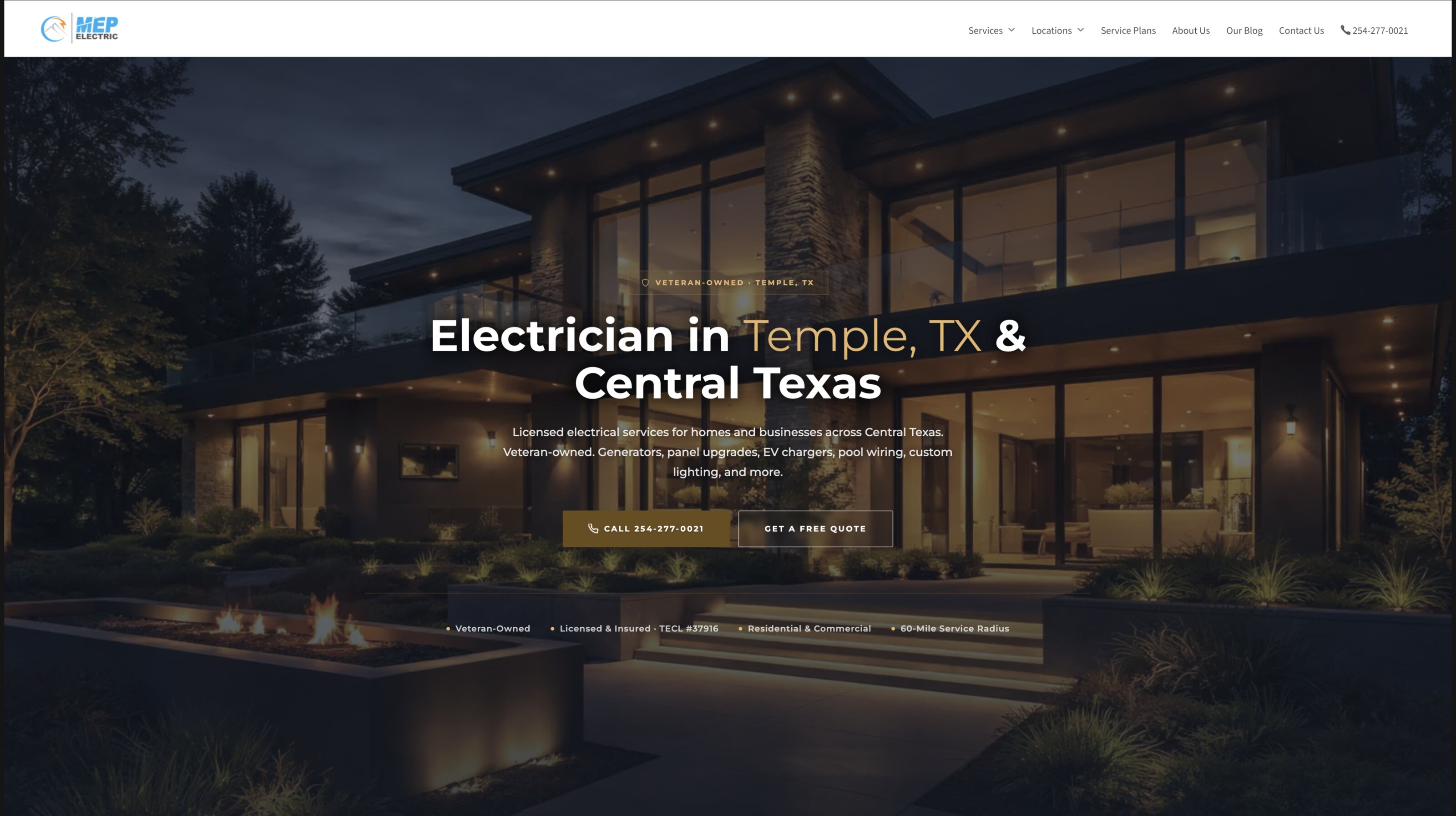 MEP Electric website for an electrician in Temple, TX, designed and built by Belman & Co.