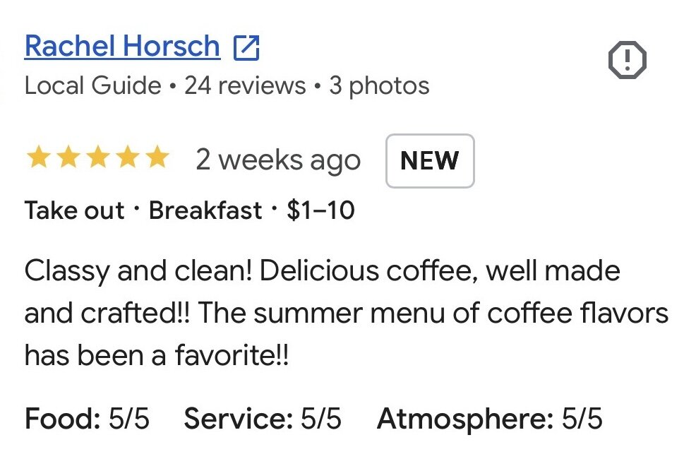 Five-star Google review of VIVRE in Wichita praising well-crafted coffee and the summer menu of coffee flavors