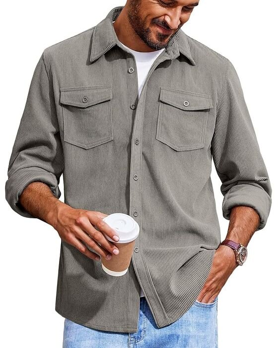 Gray Corduroy Shirt Jacket — Dads fall family photo outfit idea