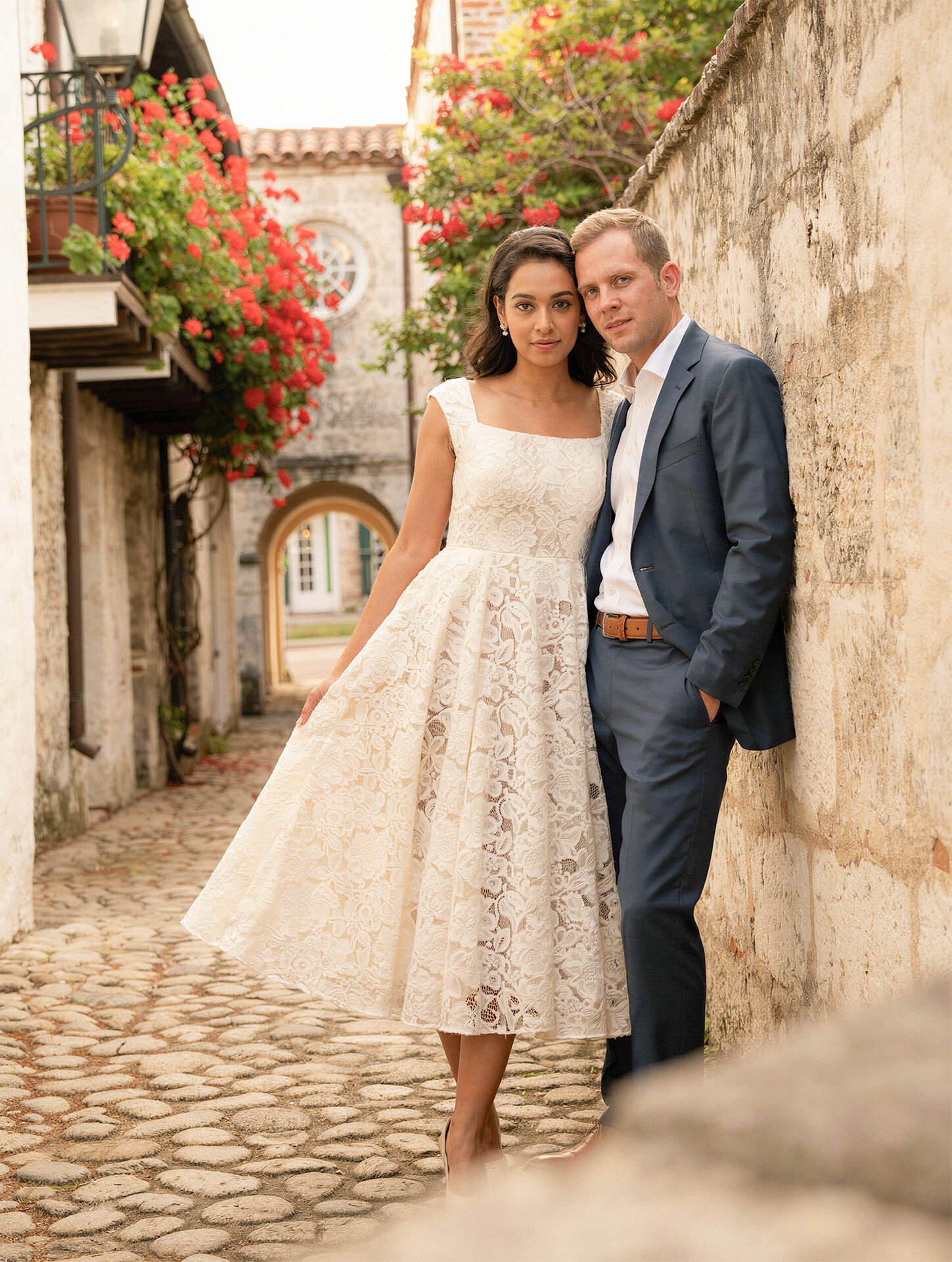 Bride and groom in the historic district of St. Augustine Florida destination wedding photography