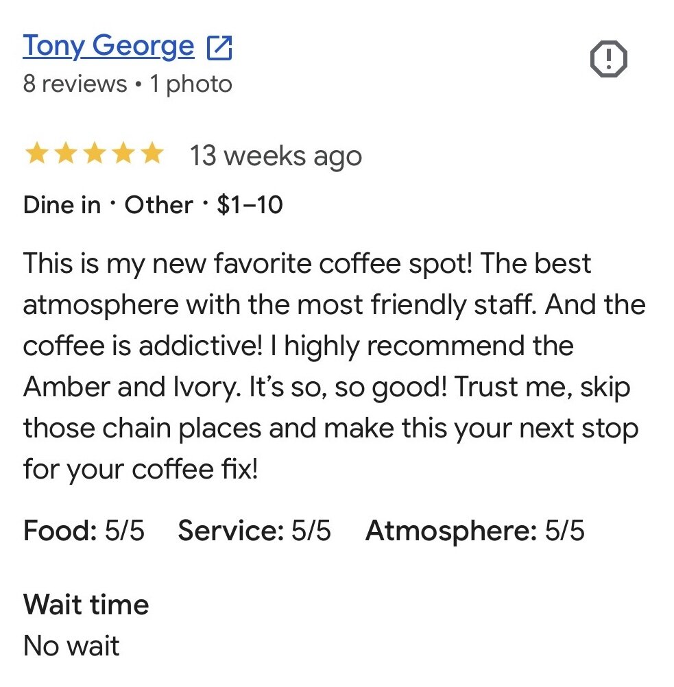 Five-star Google review naming VIVRE the best coffee shop in Wichita and recommending the Amber and Ivory latte over chain cafes