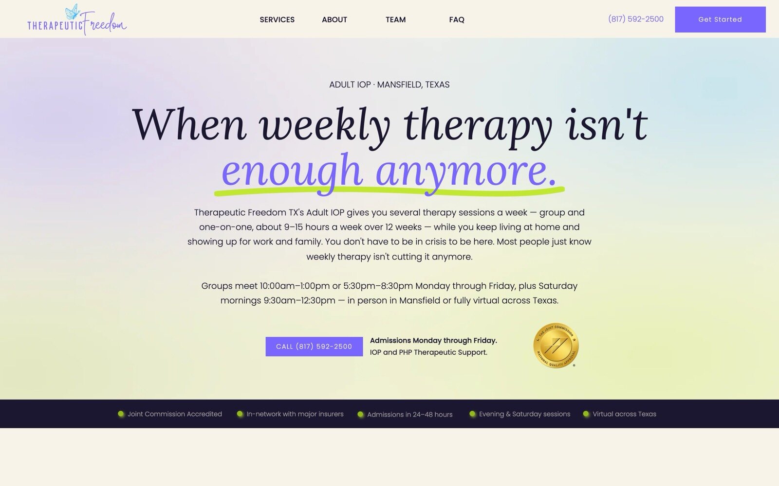 Therapeutic Freedom TX adult IOP page with a Mansfield, Texas headline