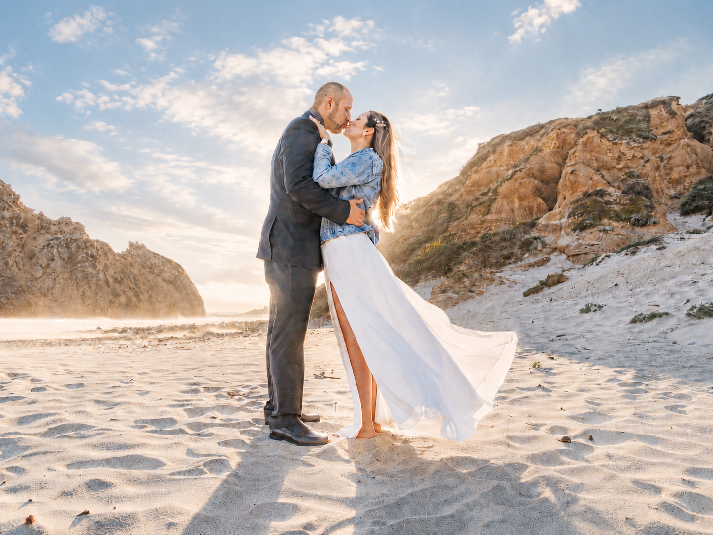 Couple kissing on Pfeiffer Beach in Big Sur with wind, sky and coastal cliffs around them