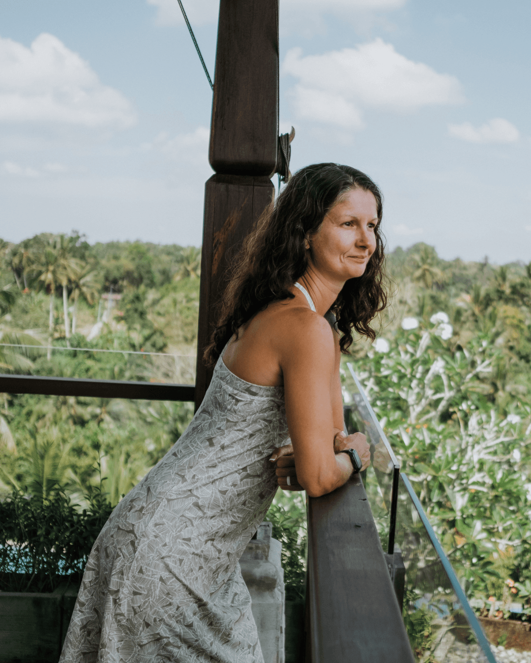 Rachel Cline in Bali, looking out over the mountains
