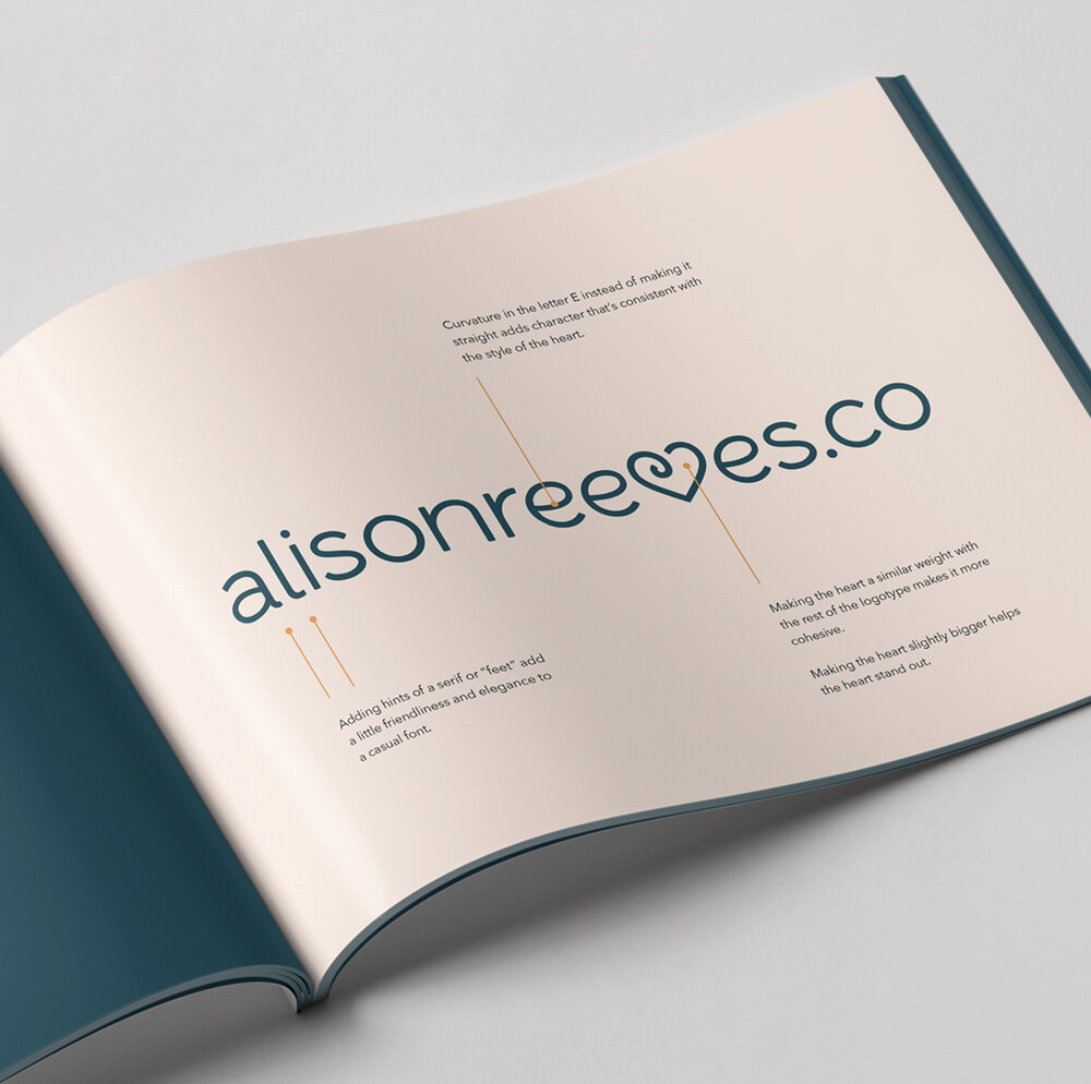 AlisonReeves.co logo construction shown in an open brand guide